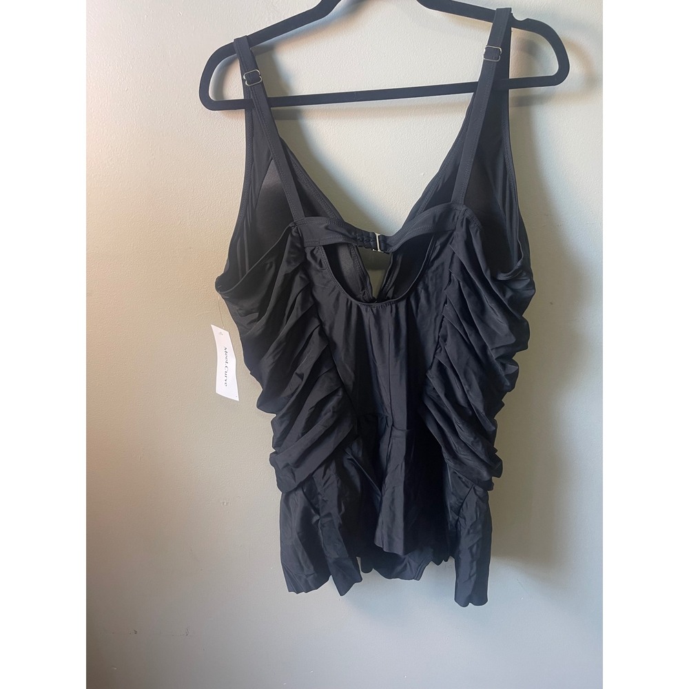 Meet Curve Black Ruched One Piece Swim Dress V-Neck Swimsuit 3XL NEW - Picture 2 of 6